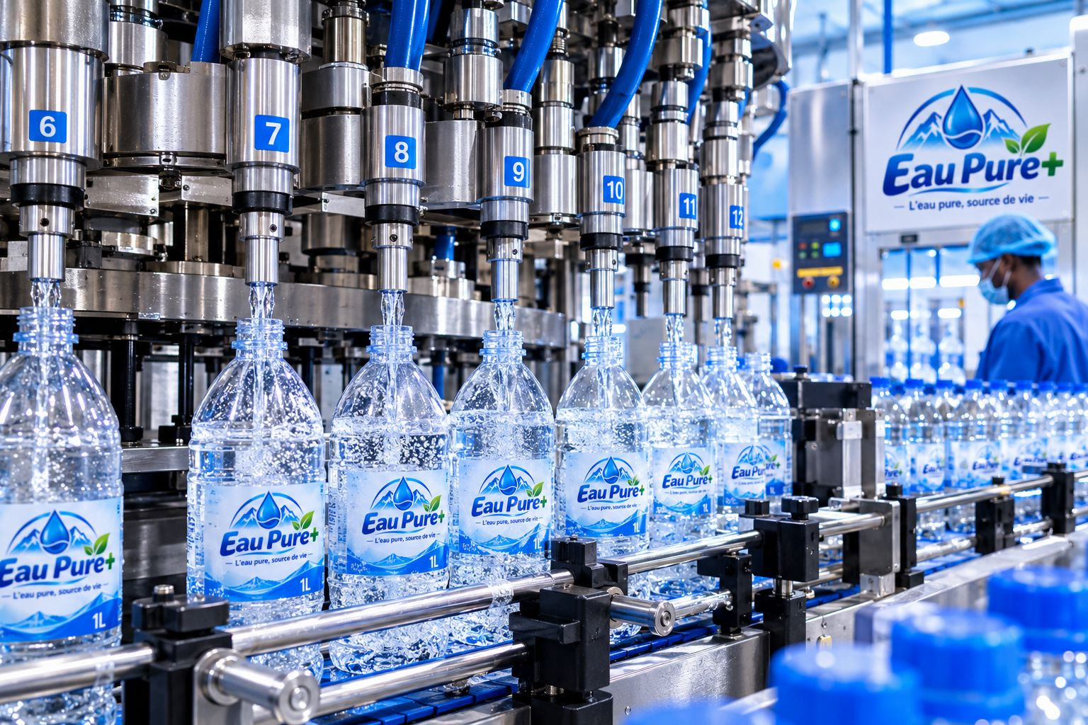 Bouteilles EAU PURE PLUS 1L sur ligne automatisée