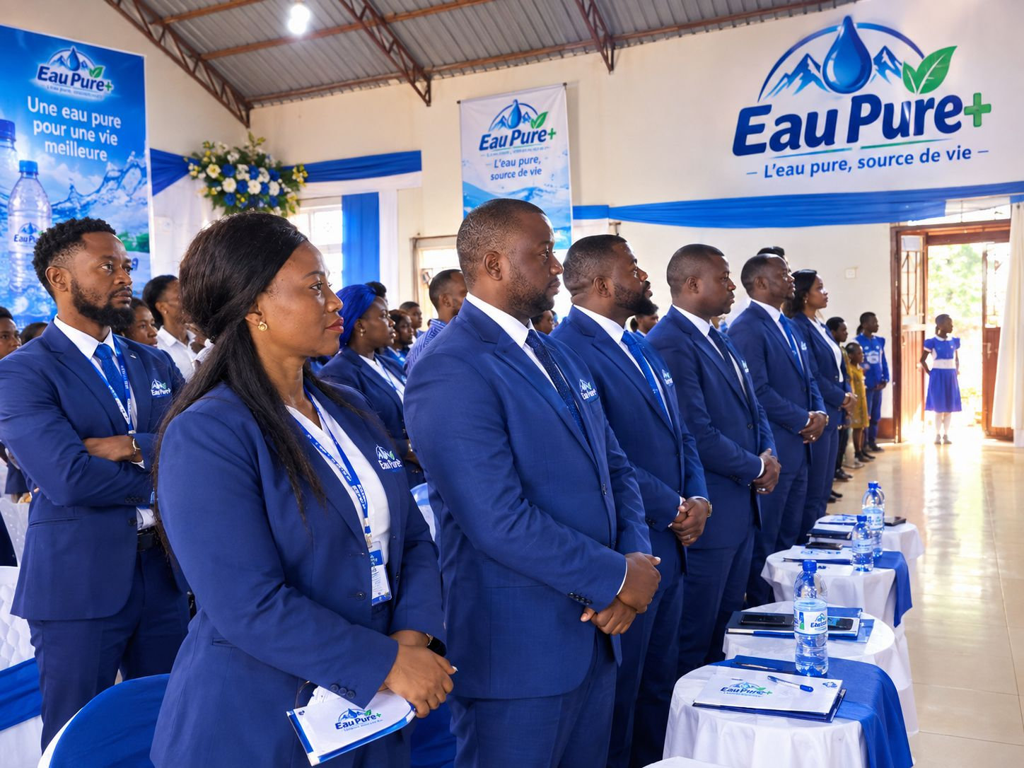Équipe EAU PURE PLUS en costumes bleus